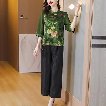 2023New de Mătase Verde cu Flori Imprimate T-shirt Set Top si Pantaloni pentru Femei Vrac de Mari Dimensiuni Retro Slim Pantaloni Largi Picior Două Bucata Set