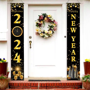 2024 An Nou Fericit Aur Negru Banner Agățat Panza De Paianjen Decor Petrecere De Revelion Provizii An Nou Fericit Decoratiuni