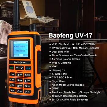 Baofeng UV-17 VHF UHF Dual Band Analog FM Impermeabil Vox în aer liber Walkie Talkie cu 1.7 Inch de Mare Ecran Color de Tip C Baterii