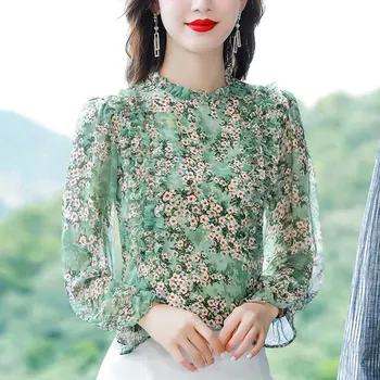 Birou Doamnă Elegant Rupt Flori Imprimate Bluza Coreean Comestibile Copac Ciuperca Îmbinat Primăvară Maneca Lunga Femei Stand Guler Camasa