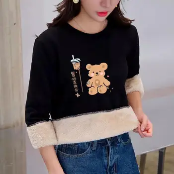Cașmir O De Gât Tricou Femei Haine De Iarnă Topuri Noi Kawaii Pisica Neagră Îngroșa Pluș Liber Coreean Pulover Hoodies Femme