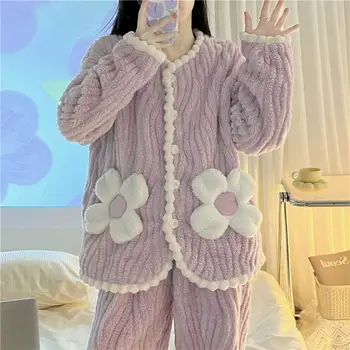 Coral Catifea Pijamale Femei Toamna Iarna haine de casă Costum Gros Maneca Lunga, Pijamale Drăguț Flanel Haine de Acasă de Două Seturi de piese