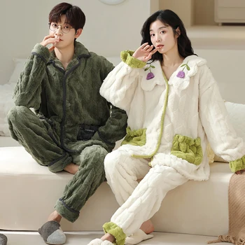 Coreea Style Dulce Pijamale pentru Dormit de Iarna pentru Barbati Set de Pijama Femei Îngroșa Flanel Cald Pijama Casual Confort Moale Pijama