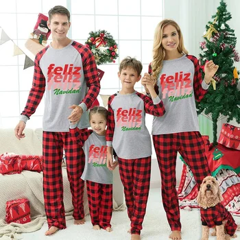 Crăciun Potrivire Familie Pijamale Feliz Navidad WordArt Gri Set De Pijama