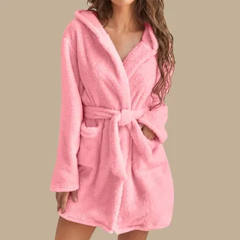 De Pluș Cald Cămașă De Noapte Cu Dantelă-Up Pijamale Toamna Iarna Femei Culoare Solidă Cardigan Rever Buzunar Mid-Lungime Haina Cu Gluga Halat De Baie Acasă
