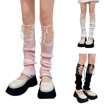 Femei Dantelă Bandaj Tricot Încălzit De Picior Stil Japonez Y2k Fetele Lung De Vițel Șosete Harajuku Genunchi Picior Ridicat Capacul Portbagajului Mansete Șosete