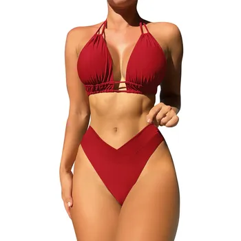 Femei costum de Baie Sexy Solid de Culoare Moda din Două piese Bikini de costume de Baie Scoop de Modă de Culoare Solidă Talie Joasa Triunghi Split