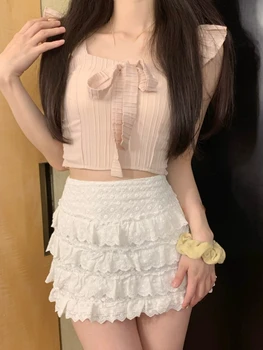 Kawaii Lolita Două Bucata Set Pentru Femei Dantela Vintage Dulce Fusta Mini Set Femael Zbor Maneca Coreeană De Moda Costum Fusta 2023 Vara