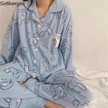 Minunat Tipărite Seturi De Pijama Femei Vrac Confortabil Toamna Cu Maneca Lunga Topuri Glezna Lungime Pantaloni Fete Dulci Salon Trendy Sleepwear Femme