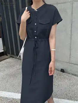 Moda Femei Maneci Scurte Solid Shirt Dress ZANZEA Marfă de Vară Rochii Elegante Butonul de Munca OL Midi Vestido Halat Femme Sundress