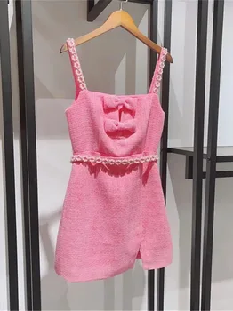 Moda Papion Roz Tweed Sling Mini Rochie Femei de Primăvară și de Vară fără Mâneci Subțire Sexy Perle Trim Split Rochii Scurte Vestidos