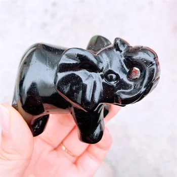 Naturale Obsidian Negru Elefant Sculptură Animal Ambarcațiuni Figurine De Sculptură În Piatră De Vindecare Reiki Decor Acasă Cadou