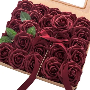 Noi Flori Artificiale 25Pcs Real în Căutarea Visiniu Fals Trandafiri cu Tulpini pentru DIY Buchete de Mireasa Roșu cabină de Duș de Mireasă