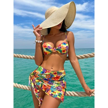 Print Tropical Trei Piese de costume de Baie Bikini si Fusta Femei 2024 Nou Push Up Costume de baie Femei Brazilian Plaja Costum de Baie Vara