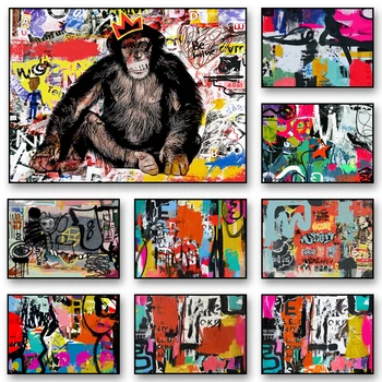 Rece Cimpanzeu Street Poster de Artă Urbană, Graffiti, Arta de Perete Imprimeuri Roz Negru Panza Mare de Imagine pentru Camera de zi de Decorare Acasă