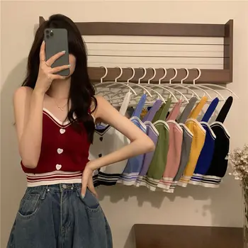 Rezervor Topuri pentru Femei de Moda de Vara 2023 Y2K Drăguț coreeană Tricotate Dragoste Butonul Strâns Vesta Casual Blue Crop Top Verde Bretele de sex Feminin
