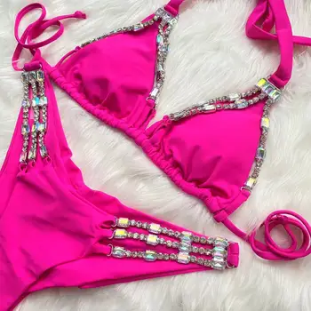 Stras Bikini 2023 Femei Sexy Hot Pink Diamond Dantelă Sus Halter Swimsuit Lanț De Metal Plaja Costum De Baie Push Up, Costume De Baie