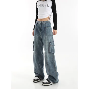 Talie Mare Retro Culoare Solidă Femei Denim Pantaloni Largi Picior Larg Harajuku Vintage Jean Pantaloni Doamna Confortabil În Stil American