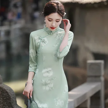 Yourqipao Toamna Retro Verde Proaspătă Cheongsam de Moda Elegant Lung Qipao Tradițională Chineză Stil de Rochie de Seara pentru Femei Partid