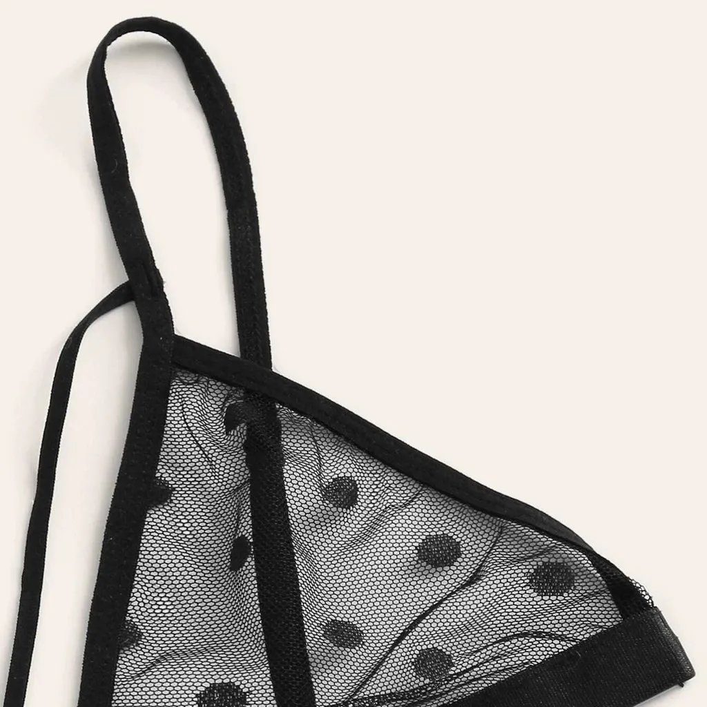 Polka Dot Lenjerie cu Jartiere Femei Transparent Thong Set Lenjerie Vedea Prin Sutien G String Sleepwear Catsuits Imagine 3