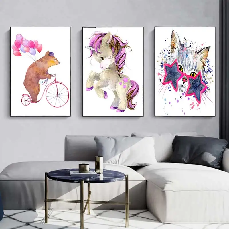 Acuarelă De Desene Animate De Animale Postere Canvas Arta Pictura Arta De Perete Pepinieră Decorative De Imagine Stil Nordic Dormitor Copii Imagine 1