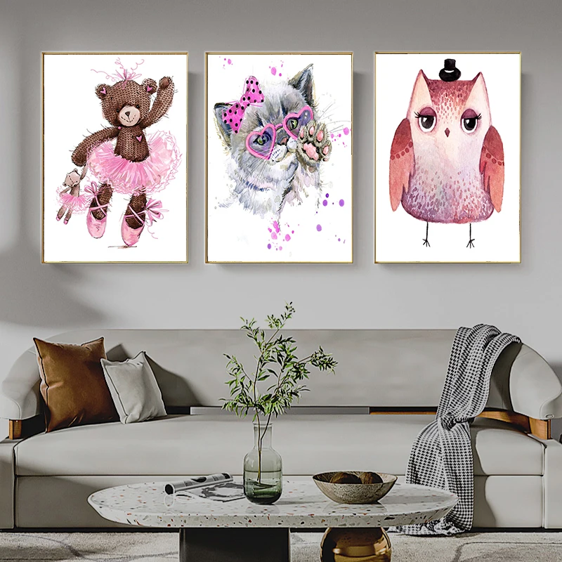 Acuarelă De Desene Animate De Animale Postere Canvas Arta Pictura Arta De Perete Pepinieră Decorative De Imagine Stil Nordic Dormitor Copii Imagine 3