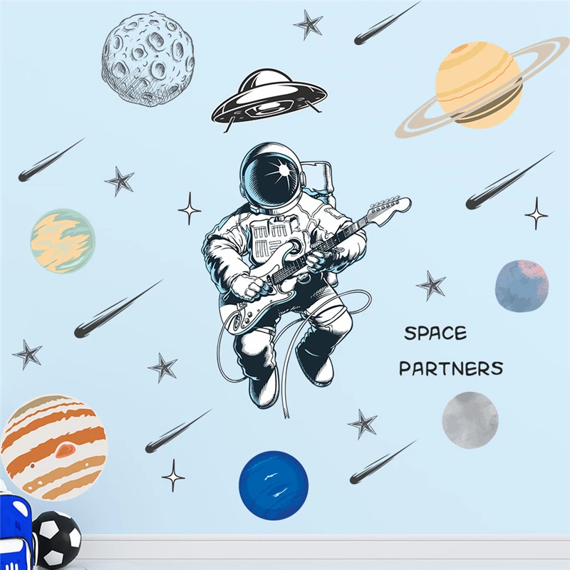 Amuzant Cosmonaut Chitara Autocolante De Perete Pentru Dormitor Copii Acasă Decorare Diy Planetă, Stea De Artă Murală Din Pvc Decalcomanii Cosmos Poster Imagine 0