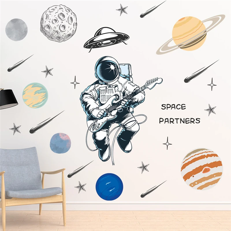Amuzant Cosmonaut Chitara Autocolante De Perete Pentru Dormitor Copii Acasă Decorare Diy Planetă, Stea De Artă Murală Din Pvc Decalcomanii Cosmos Poster Imagine 1