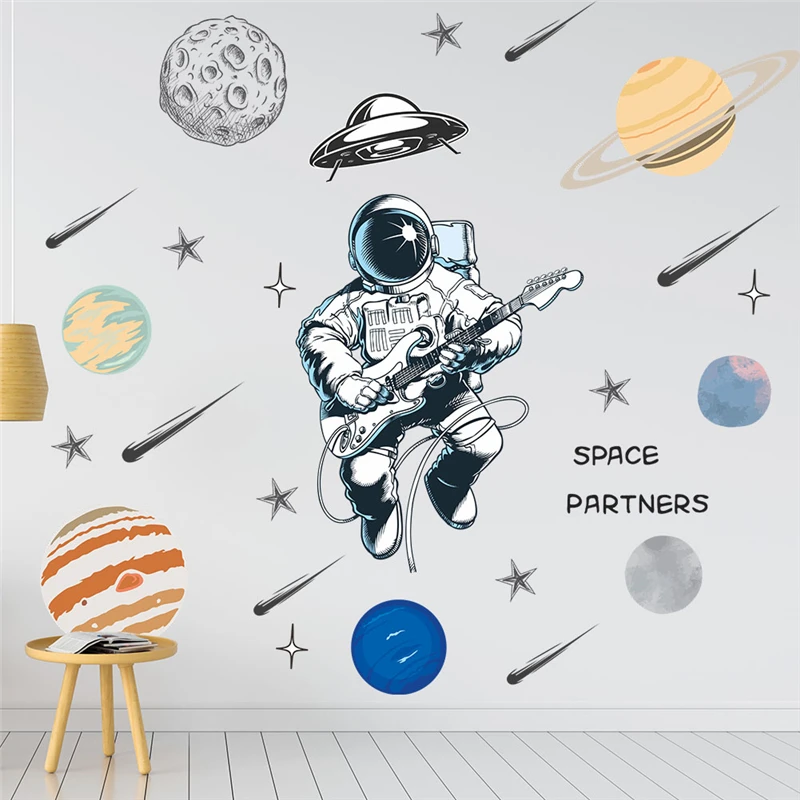 Amuzant Cosmonaut Chitara Autocolante De Perete Pentru Dormitor Copii Acasă Decorare Diy Planetă, Stea De Artă Murală Din Pvc Decalcomanii Cosmos Poster Imagine 2