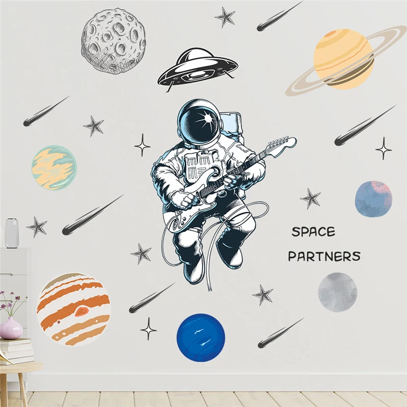 Amuzant Cosmonaut Chitara Autocolante De Perete Pentru Dormitor Copii Acasă Decorare Diy Planetă, Stea De Artă Murală Din Pvc Decalcomanii Cosmos Poster Imagine 3