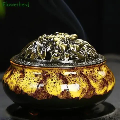 A Spart Capacul Cuptor Arzător De Gheață Buddha Ceramice De Epocă Transformat Tămâie De Uz Casnic Deodorante Pan Pline De Culoare Bronz Imagine 2