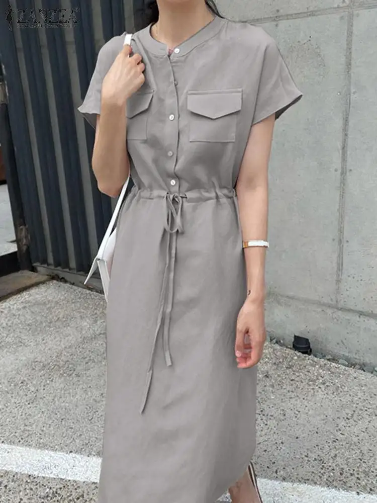 Moda Femei Maneci Scurte Solid Shirt Dress ZANZEA Marfă de Vară Rochii Elegante Butonul de Munca OL Midi Vestido Halat Femme Sundress Imagine 1
