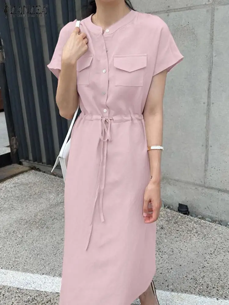 Moda Femei Maneci Scurte Solid Shirt Dress ZANZEA Marfă de Vară Rochii Elegante Butonul de Munca OL Midi Vestido Halat Femme Sundress Imagine 3