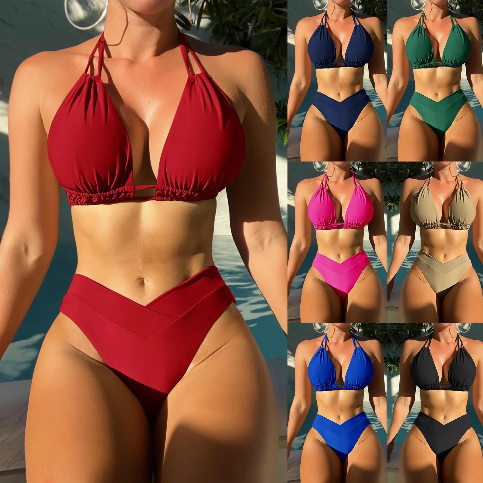 Femei costum de Baie Sexy Solid de Culoare Moda din Două piese Bikini de costume de Baie Scoop de Modă de Culoare Solidă Talie Joasa Triunghi Split Imagine 1