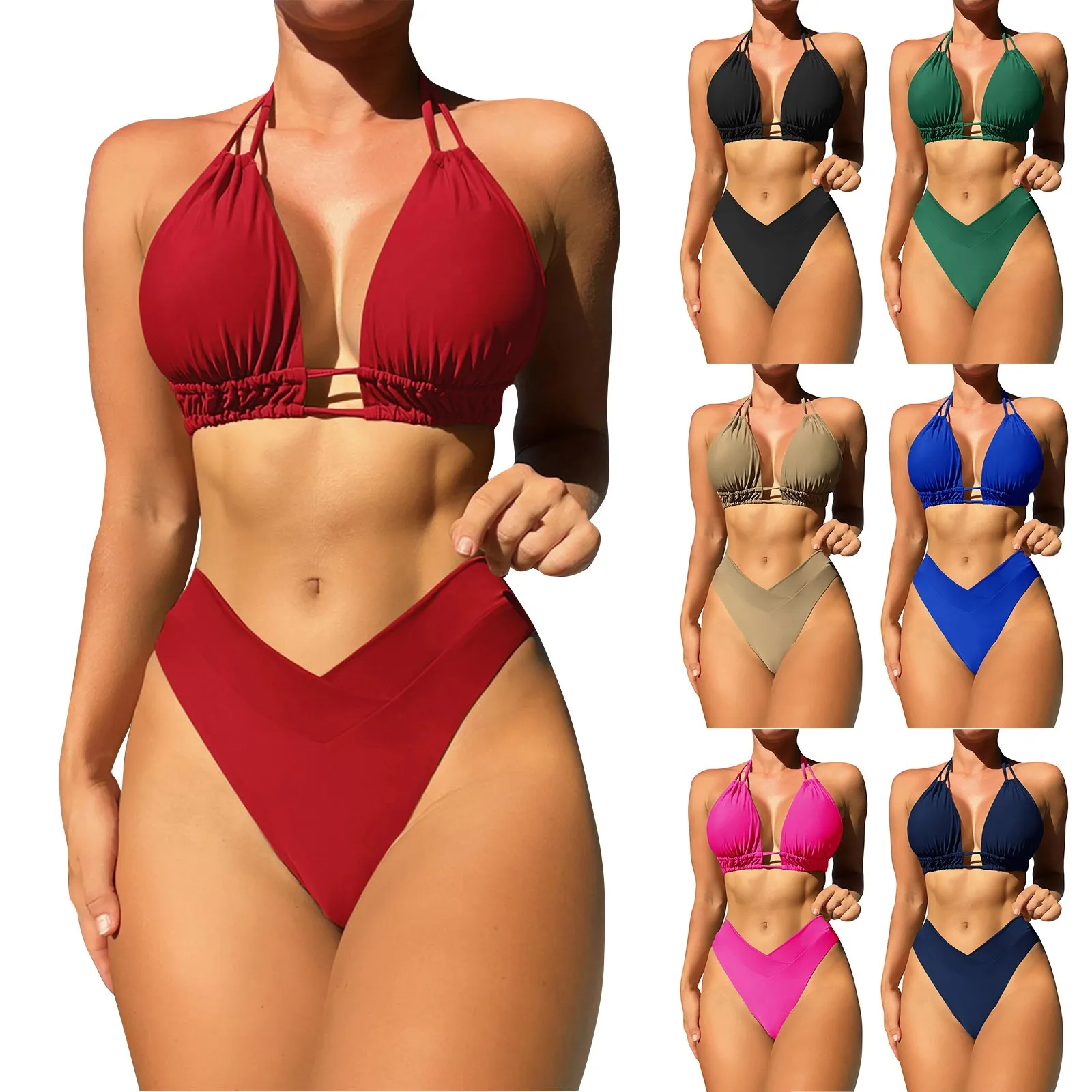 Femei costum de Baie Sexy Solid de Culoare Moda din Două piese Bikini de costume de Baie Scoop de Modă de Culoare Solidă Talie Joasa Triunghi Split Imagine 2