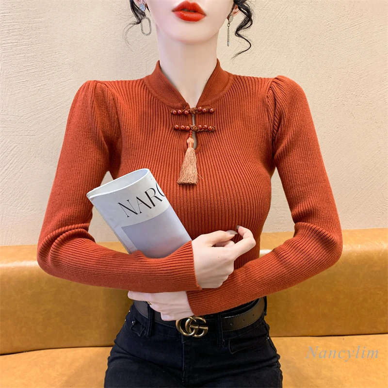 Noul Stil Chinezesc Pulover Femei Stand-up Toamna Iarna Retro de Înaltă Calitate Margele Catarama Top Tricotate Lenjerie Trage Imagine 2