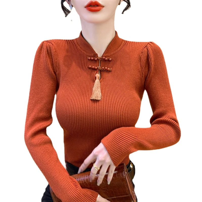 Noul Stil Chinezesc Pulover Femei Stand-up Toamna Iarna Retro de Înaltă Calitate Margele Catarama Top Tricotate Lenjerie Trage Imagine 5